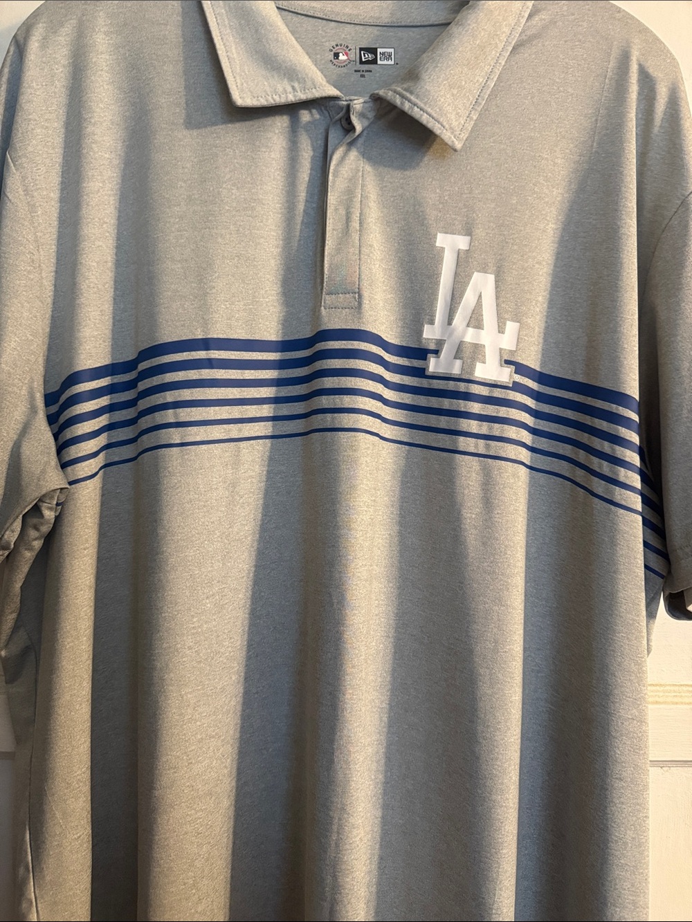 New Era Grey Polo with Blue Striped Chest and LA Logo